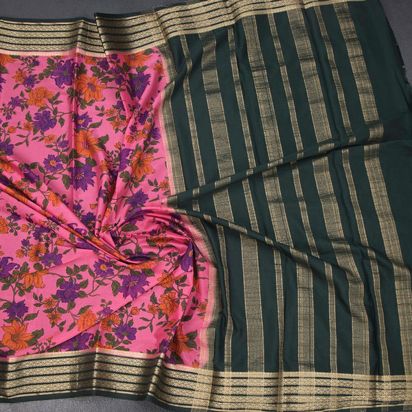 Semi Mysore Silk Taffy Pink Floral Printed Saree