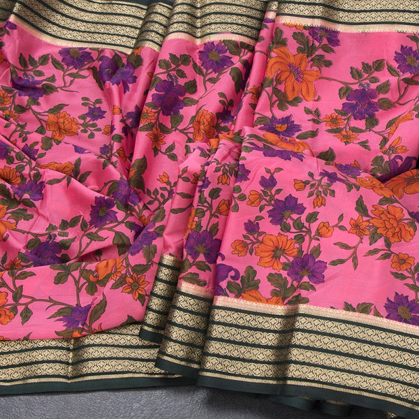 Semi Mysore Silk Taffy Pink Floral Printed Saree