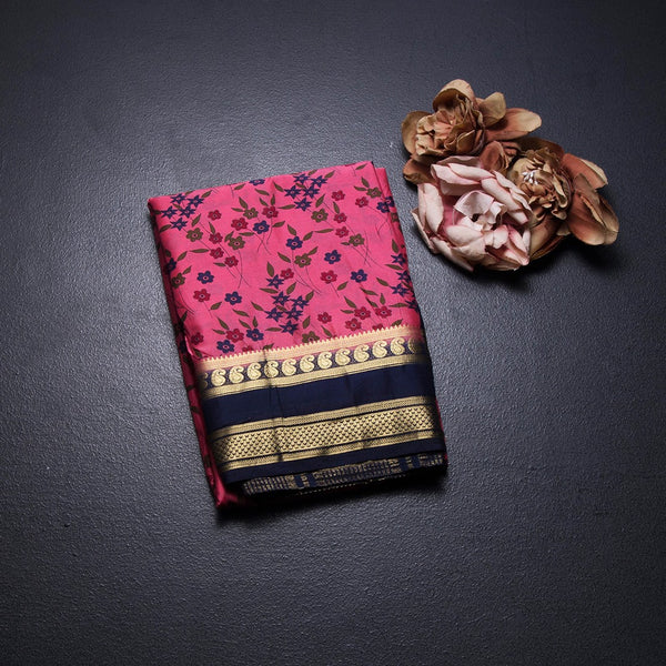 Semi Mysore Silk Fiery Rose Pink Floral Printed Saree