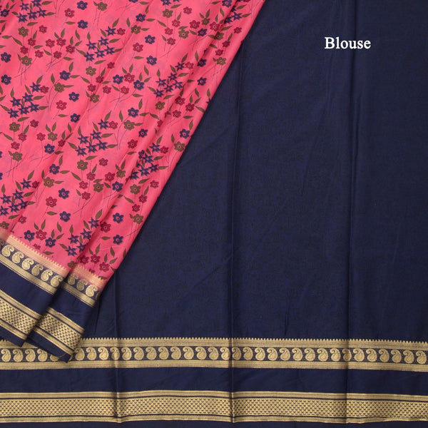 Semi Mysore Silk Fiery Rose Pink Floral Printed Saree