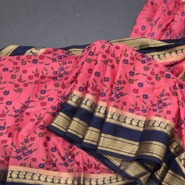 Semi Mysore Silk Fiery Rose Pink Floral Printed Saree