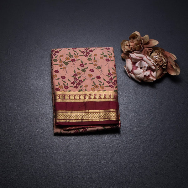 Semi Mysore Silk Peach Floral Printed Saree