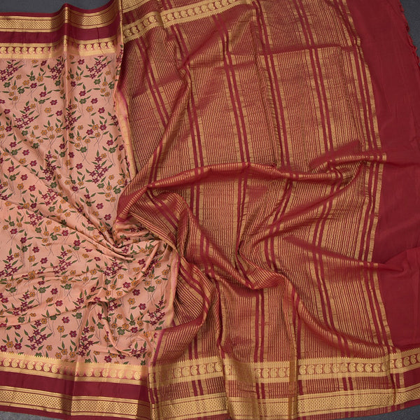 Semi Mysore Silk Peach Floral Printed Saree