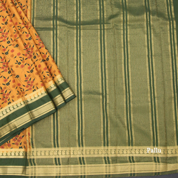 Semi Mysore Silk Mango Yellow Floral Printed Saree 02