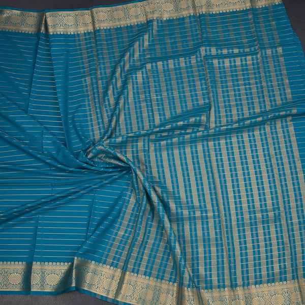 Semi Mysore Silk Peacock Blue Zari Stripes Saree