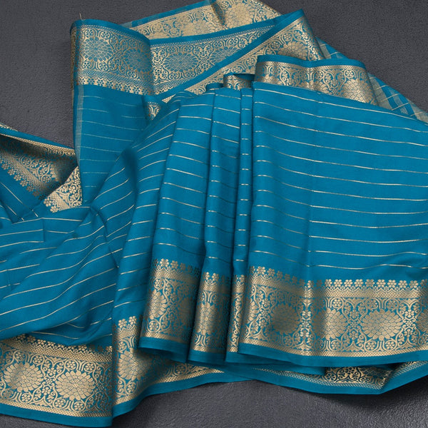 Semi Mysore Silk Peacock Blue Zari Stripes Saree