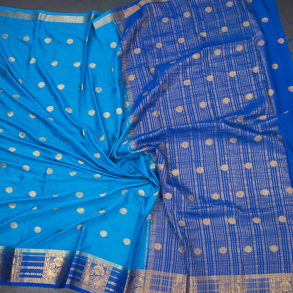 Semi Mysore Silk Azure Blue Zari Worked Saree 02