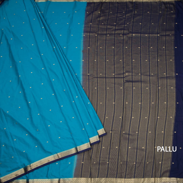 Semi Mysore Silk Peacock Blue Zari Worked Saree