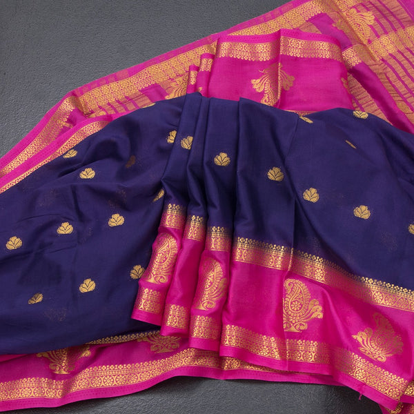 Semi Mysore Silk Dark Blue Zari Worked Saree