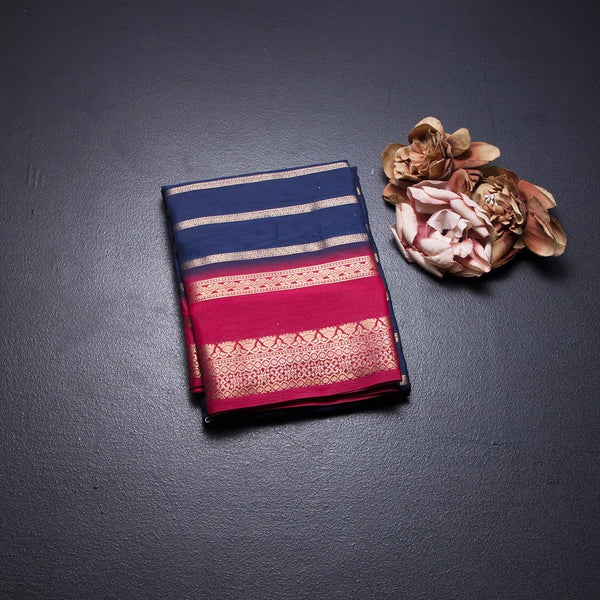 Semi Mysore Silk Navy Blue Zari Stripes Saree