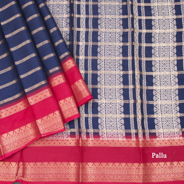 Semi Mysore Silk Navy Blue Zari Stripes Saree