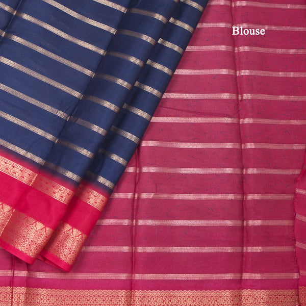 Semi Mysore Silk Navy Blue Zari Stripes Saree