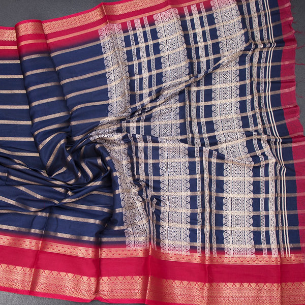 Semi Mysore Silk Navy Blue Zari Stripes Saree