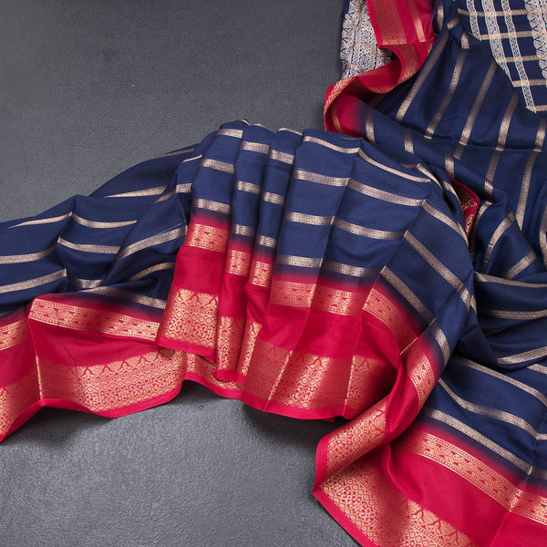 Semi Mysore Silk Navy Blue Zari Stripes Saree