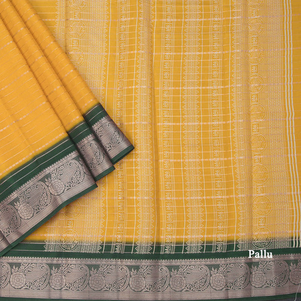 Semi Mysore Silk Mango Yellow Zari Stripes Saree 02