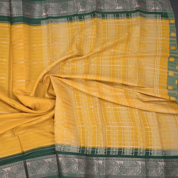 Semi Mysore Silk Mango Yellow Zari Stripes Saree 02