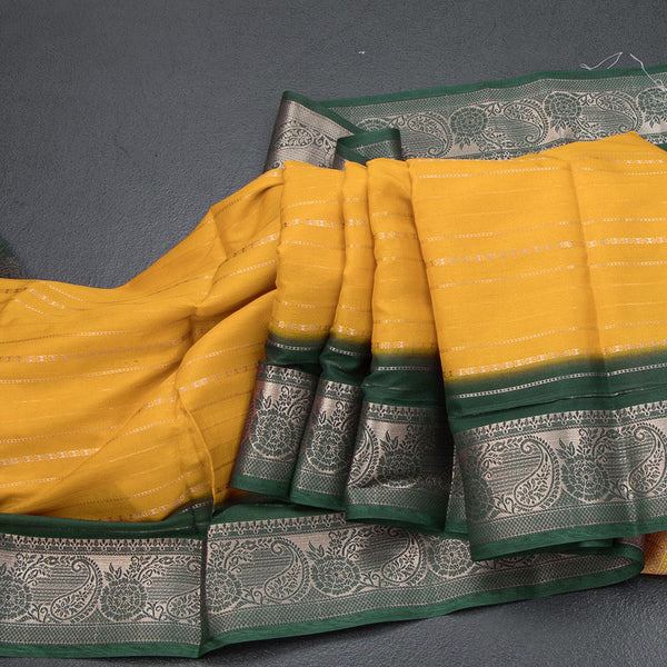 Semi Mysore Silk Mango Yellow Zari Stripes Saree 02