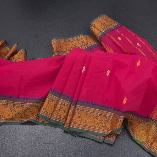 Chettinad Cotton Hot Pink Thread Embossed Saree