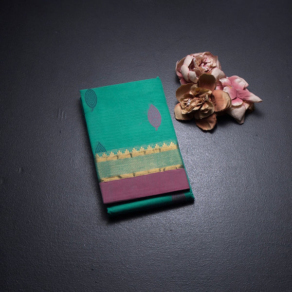 Chettinad Cotton Mint Green Thread Embossed Saree