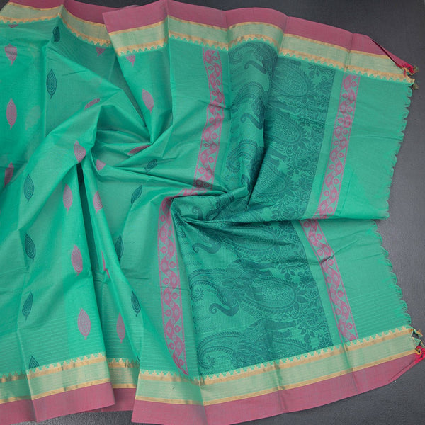 Chettinad Cotton Mint Green Thread Embossed Saree