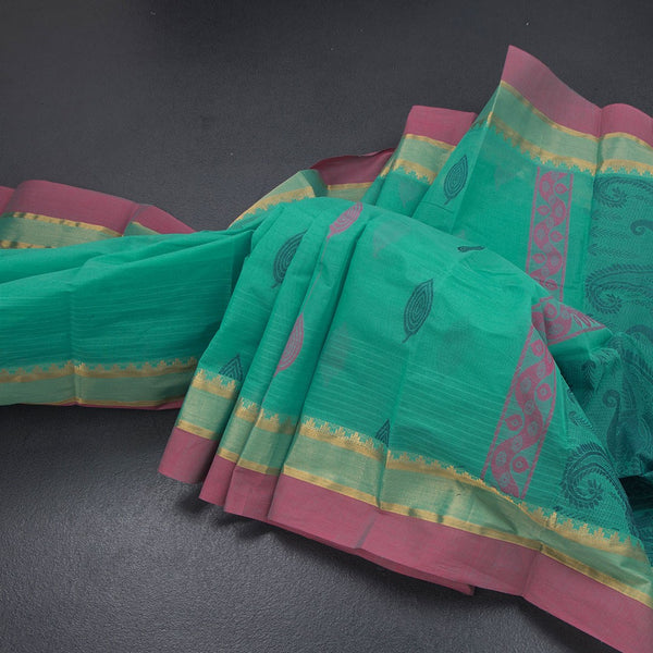 Chettinad Cotton Mint Green Thread Embossed Saree