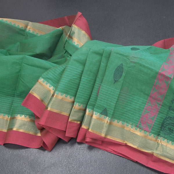 Chettinad Cotton Teal Green Thread Embossed Saree