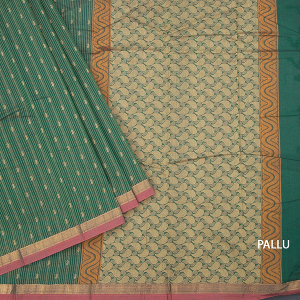Chettinad Cotton Dark Green Thread Embossed Saree