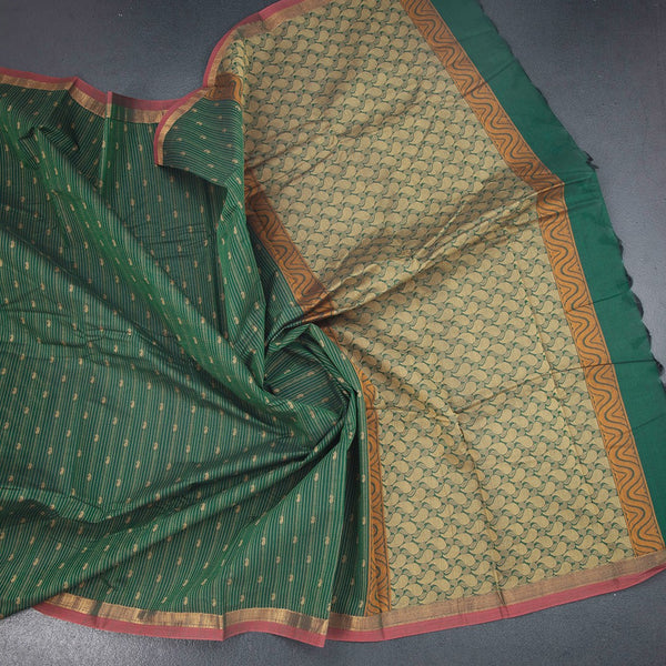 Chettinad Cotton Dark Green Thread Embossed Saree