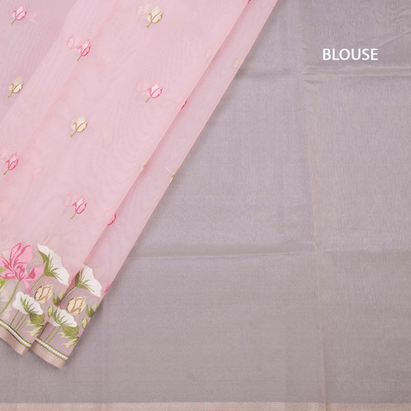 Organza Light Pink Floral Thread Embroidered Saree