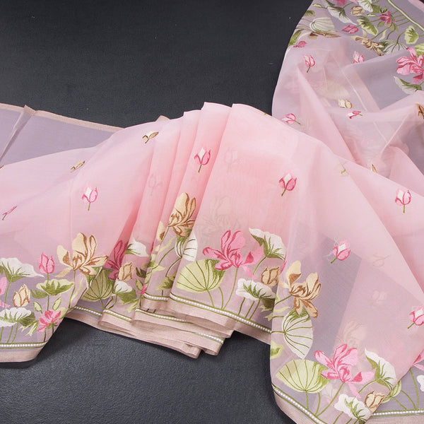 Organza Light Pink Floral Thread Embroidered Saree