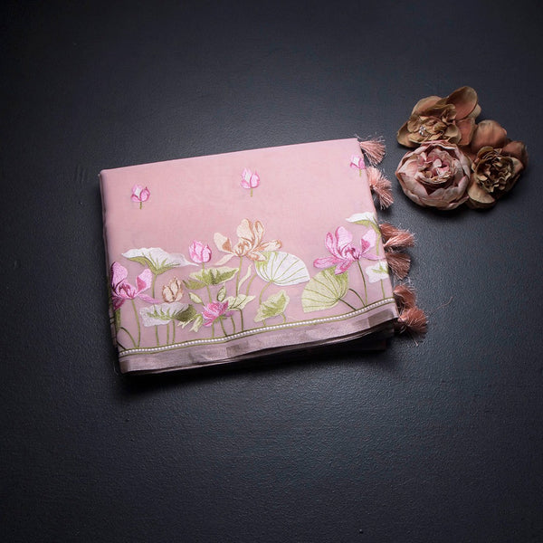 Organza Peach Floral Thread Embroidered Saree