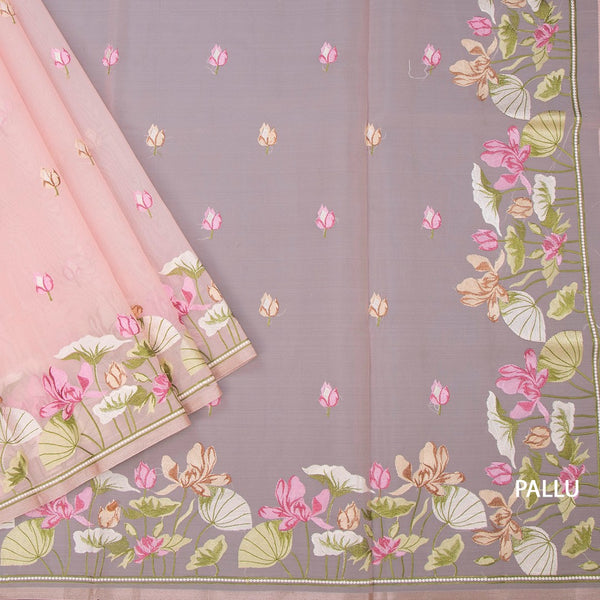 Organza Peach Floral Thread Embroidered Saree