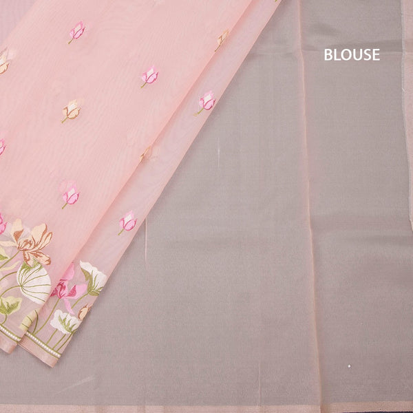 Organza Peach Floral Thread Embroidered Saree