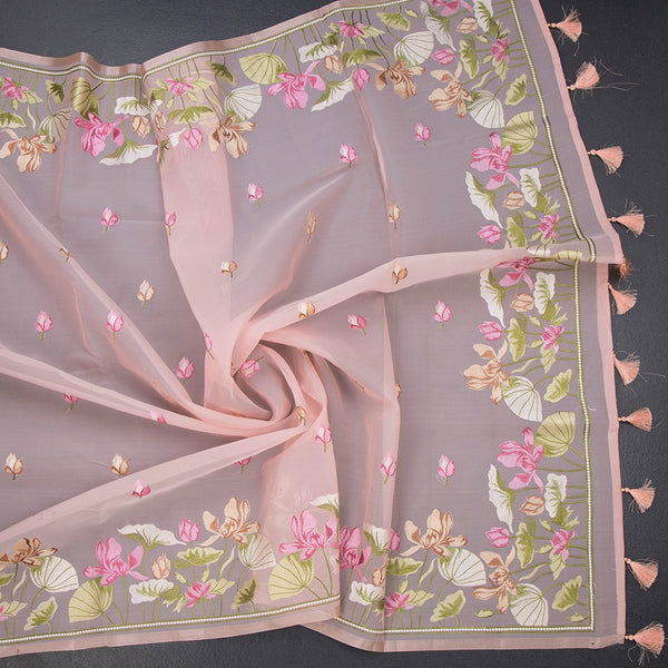 Organza Peach Floral Thread Embroidered Saree