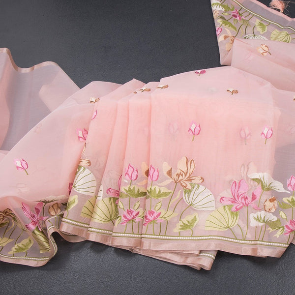 Organza Peach Floral Thread Embroidered Saree