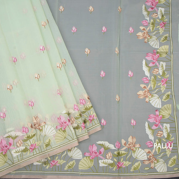 Organza Light Green Floral Thread Embroidered Saree