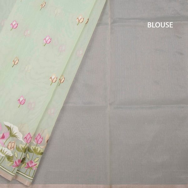 Organza Light Green Floral Thread Embroidered Saree