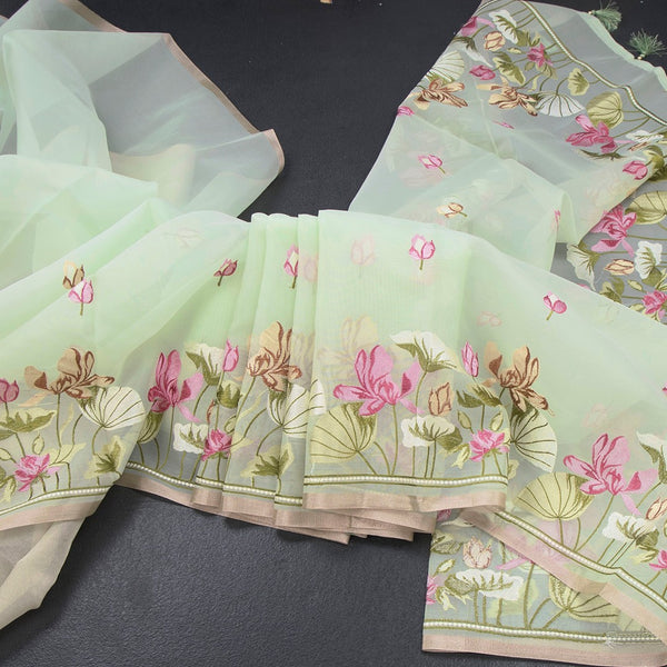 Organza Light Green Floral Thread Embroidered Saree