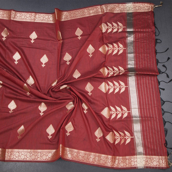 Semi Silk Maroon Zari Worked Saree 02