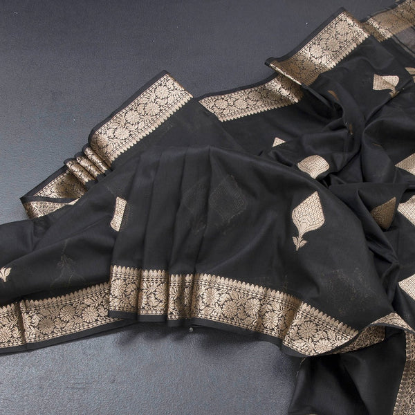 Semi Silk Black Zari Worked Saree