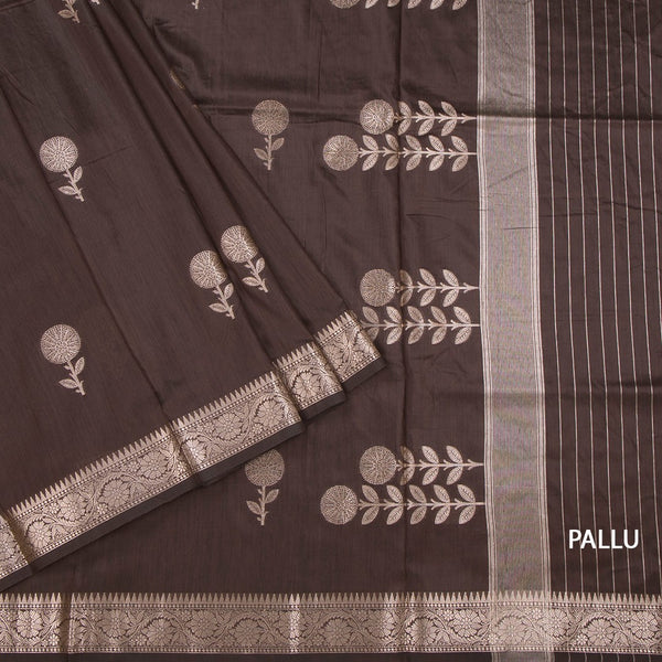 Semi Silk Dark Brown Zari Worked Saree