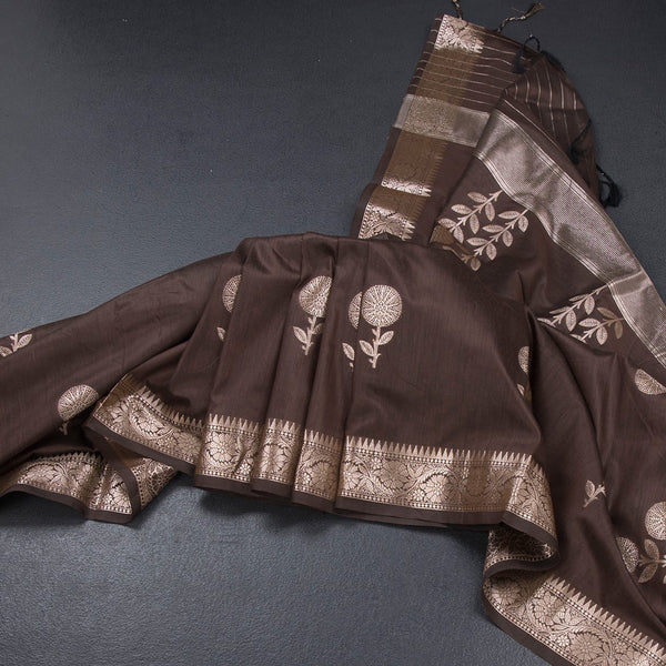Semi Silk Dark Brown Zari Worked Saree