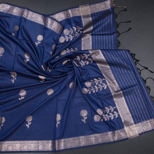 Semi Silk Dark Blue Zari Worked Saree