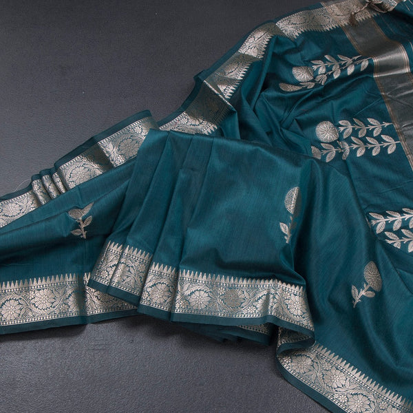 Semi Silk Teal Green Zari Worked Saree