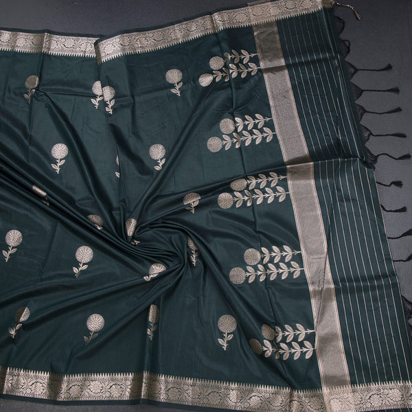 Semi Silk Bottle Green Zari Worked Saree 02