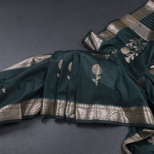 Semi Silk Bottle Green Zari Worked Saree 02