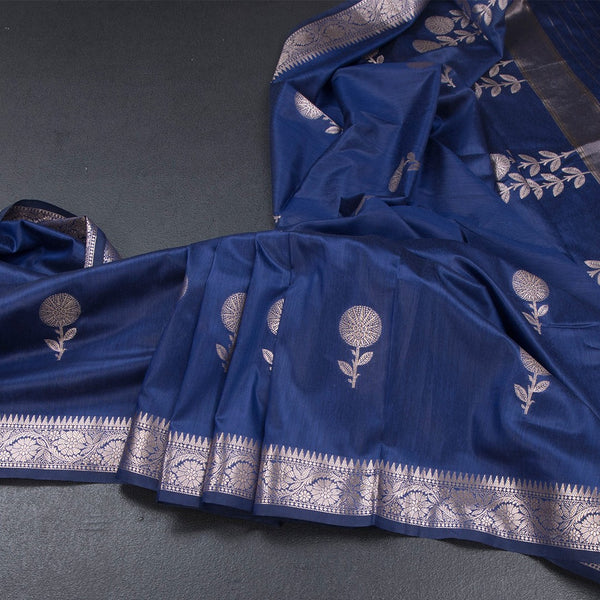 Semi Silk Dark Blue Zari Worked Saree 02