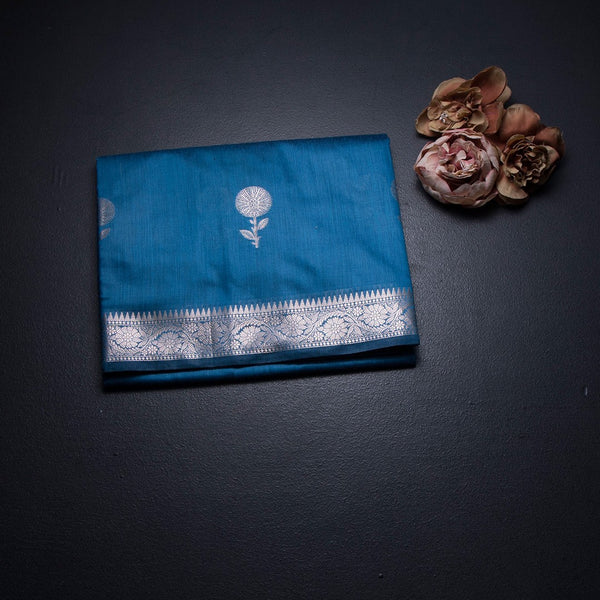 Semi Silk Peacock Blue Zari Worked Saree 02