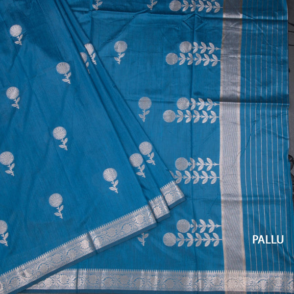 Semi Silk Peacock Blue Zari Worked Saree 02