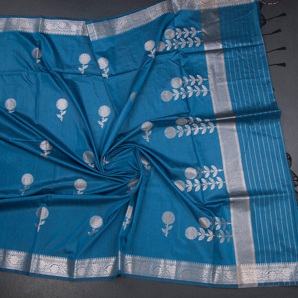 Semi Silk Peacock Blue Zari Worked Saree 02